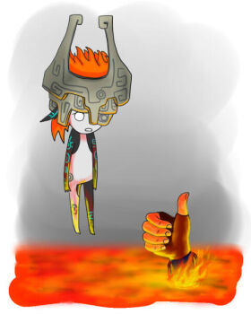  1boy 1girl aaku border crossover death fingerless_gloves fire floating gloves gradient_background link midna lava nintendo parody robot sad style_parody terminator_(series) terminator_2:_judgment_day the_legend_of_zelda the_legend_of_zelda:_twilight_princess the_terminator thumbs_up white_border  rating:Sensitive score:21 user:Juni221