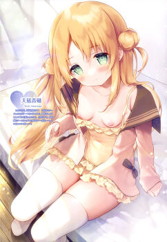  1girl absurdres amanagi_seiji arm_support armpit_crease artist_name blonde_hair blush breasts closed_mouth collarbone covered_navel curtains dengeki_moeoh double_bun dress foot_out_of_frame frilled_dress frills from_above green_eyes hair_bun head_tilt highres indoors light_particles light_smile long_hair looking_at_viewer looking_up magazine_scan nipple_slip nipples no_bra no_shoes on_bed open_clothes open_shirt original parted_bangs pink_shirt sailor_collar sailor_shirt scan shiny_skin shirt short_dress sidelocks sitting small_breasts solo sundress sunlight thighhighs third-party_source translation_request two_side_up white_thighhighs yellow_dress zettai_ryouiki 