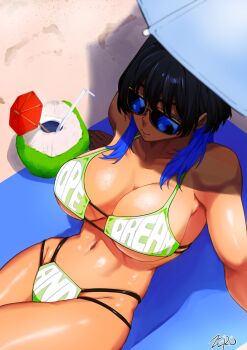  1girl absurdres alternate_costume artist_name beach beach_umbrella bikini black_hair blue_hair breasts cleavage closed_mouth cocktail_umbrella coconut_cup collarbone commentary cowboy_shot drinking_straw green_bikini hair_intakes highres hololive hololive_english large_breasts long_hair lying multicolored_hair navel on_back ouro_kronii outdoors shadow shiny_skin solo sunglasses swimsuit tan two-tone_hair umbrella underboob zero_(muftisaili) 