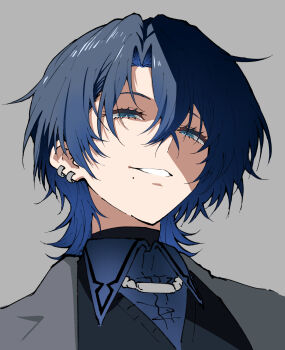  1girl black_hair black_sweater blue_eyes blue_hair blue_shirt collared_shirt gradient_hair grey_background grey_jacket grin henriiku_(ahemaru) highres hiodoshi_ao hiodoshi_ao_(1st_costume) hololive hololive_dev_is jacket mole mole_under_mouth multicolored_hair shirt simple_background smile solo suit_jacket sweater teeth v-neck virtual_youtuber  rating:General score:3 user:danbooru