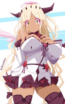  1girl alternate_costume black_thighhighs blonde_hair breasts closed_mouth cosplay dark-skinned_female dark_skin dress erikuukun fake_horns hand_on_own_chest highres hololive hololive_english horns huge_breasts irys_(hololive) irys_(hololive)_(cosplay) irys_(irys_2.0)_(hololive) limiter_(tsukumo_sana) long_hair thighhighs very_long_hair virtual_youtuber white_dress wings yellow_eyes 