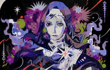  1girl abstract_background absurdres black_capelet black_hood capelet coif elden_ring elden_ring_nightreign gameplay_ability gameplay_mechanics hashtag-only_commentary highres looking_at_viewer lululu0111 nun pale_skin portrait solo star_(symbol) undertaker_(elden_ring) white_coif 