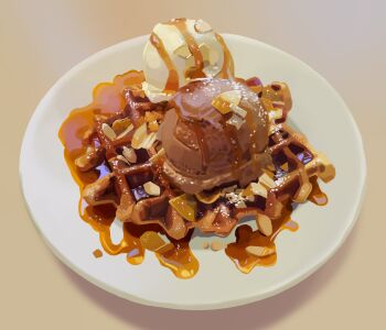  commentary english_commentary food food_focus highres ice_cream janis0615 maple_syrup no_humans nut_(food) original plate still_life syrup waffle 