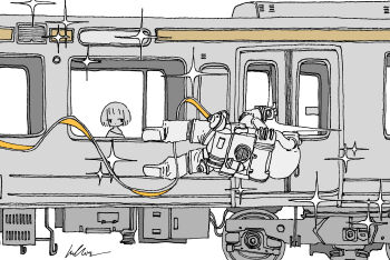  1girl 1other absurdres astronaut commentary floating greyscale highres kaduise monochrome multiple_unit_train original short_hair signature spacesuit sparkle spot_color train 