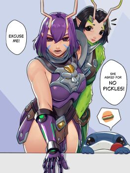  1other 2girls antennae armor black_eyes black_hair boobplate breastplate breasts commentary dual_persona english_commentary english_text excuse_me_he_asked_for_no_pickles_(meme) facial_mark faulds gloves gorget guardians_of_the_galaxy hair_between_eyes highres jeff_(marvel) licking_lips looking_at_viewer mantis_(marvel) marvel marvel_rivals medium_breasts meme multiple_girls pauldrons pointy_ears pov purple_eyes purple_gloves purple_hair shark short_hair shoulder_armor single_pauldron skullworms sleeveless solid_eyes solo_focus speech_bubble tongue tongue_out 