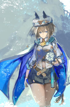 1girl absurdres animal_ears arm_at_side ascot bad_discord_link bad_link black_shorts blue_cape blue_eyes brown_hair cape cheval_grand_(grand_itineraire)_(umamusume) cheval_grand_(umamusume) closed_mouth ear_covers gloves grey_hair grey_streaks hair_between_eyes hat hat_belt highres holding horse_ears horse_girl horse_tail jacket long_sleeves medium_hair midriff_peek multicolored_hair navel peaked_cap shorts single_glove solo straight-on streaked_hair tail two-tone_hair umamusume walking white_jacket wista yellow_ascot