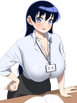  1girl arato_nagi arm_support black_hair black_skirt blue_eyes blush book breasts button_gap cleavage collared_shirt commentary_request desk dress_shirt earrings hand_on_own_hip high-waist_skirt highres huge_breasts id_card imiin jewelry lanyard leaning_forward long_hair open_book open_mouth partially_unbuttoned ruri_no_houseki shirt simple_background skirt sleeves_rolled_up solo stud_earrings translation_request white_background white_shirt 