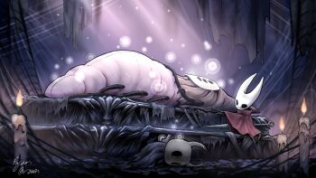  1other 2girls abstract_background arthropod_girl arthropod_limbs black_skin blue_background blue_cloak braaiboet candle candlelight cloak colored_skin extra_eyes extra_legs hand_on_another&#039;s_head herrah_(hollow_knight) highres holding holding_weapon hollow_eyes hollow_knight horned_mask hornet_(hollow_knight) horns knight_(hollow_knight) looking_at_another lying mask mother_and_daughter multiple_girls nail_(hollow_knight) on_back on_side parchment pink_background red_cloak signature silk sitting sleeping spider_web spider_web_background weapon weapon_on_back white_mask 