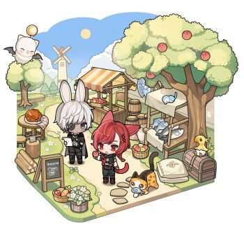  2boys :d ainsophur animal animal_ears apple apple_tree axe baby_animal barrel basket bird black_cape black_gloves black_jacket black_pants black_shirt blue_bird braid cape carrot cat cat_boy cat_ears cat_tail chair chibi chibi_only chick chicken_(food) chocobo closed_mouth cloud criss-cross_straps day dot_mouth eggshell eyepatch final_fantasy final_fantasy_xiv fish food fruit g'raha_tia gloves grass grey_eyes hair_ornament highres hinnya holding holding_paper hood hooded_cape jacket log looking_at_another male_focus market_stall miqo'te mole mole_under_eye moogle multiple_boys open_mouth outdoors pants paper parted_bangs path plant plate potato potted_plant rabbit_boy rabbit_ears red_eyes red_hair road round_table sack scar scar_across_eye scar_on_face shirt short_hair sidelocks smile sun table tail treasure_chest tree viera warrior_of_light_(ff14) white_hair windmill x_hair_ornament 