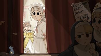 4girls :d :o ^_^ alternate_costume bird black_eyes blonde_hair blue_eyes brown_hair bunny_nun_(diva) chicken closed_eyes clumsy_nun_(diva) commentary curtains diva_(hyxpk) dress duck english_commentary eyelashes finger_to_mouth glasses glasses_nun_(diva) grey_hair habit hair_ornament highres little_nuns_(diva) mouse_(animal) multiple_girls nun nun_headdress open_mouth pink_ribbon poster_(object) rabbit_hair_ornament ribbon round_eyewear slice_of_life smile spicy_nun_(diva) traditional_nun white_devil yellow_dress yellow_eyes