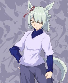  1girl animal_ears blue_shirt bob_cut bow braid clenched_hand closed_mouth commentary cosplay cowboy_shot crown_braid ear_ribbon fujimasa_march_(umamusume) green_hair grey_background grey_shorts half_updo hand_on_own_hip highres horse_ears horse_girl horse_tail hunter_x_hunter killua_zoldyck killua_zoldyck_(cosplay) layered_sleeves long_sleeves looking_at_viewer red_ribbon ribbon shirt short_hair short_over_long_sleeves short_sleeves shorts smile solo standing tail umamusume umamusume:_cinderella_gray voice_actor_connection windg0 yellow_eyes 