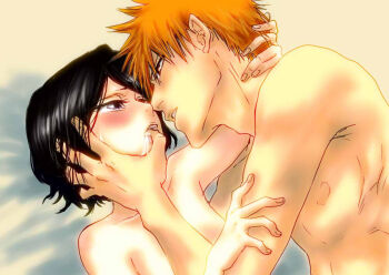  1boy 1girl black_hair bleach blush couple eye_contact finger_in_another's_mouth hand_in_own_hair hand_on_another's_face kuchiki_rukia kurosaki_ichigo looking_at_another md5_mismatch necomata-gi_(micmic) open_mouth orange_hair parted_lips saliva sexually_suggestive short_hair tears tongue topless_female 