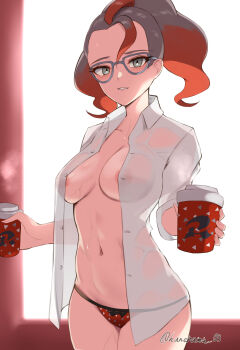  1girl absurdres backlighting blue_eyes breasts commentary_request covered_erect_nipples cup disposable_coffee_cup disposable_cup glasses gradient_hair grey-framed_eyewear grey_hair griselle_(pokemon) haneramu highres long_hair medium_breasts morning morning_after multicolored_hair navel nintendo open_clothes open_shirt panties parted_lips pokemon pokemon_legends:_z-a ponytail red_hair red_panties shirt smile solo sweat twitter_username two-tone_hair underwear white_shirt 