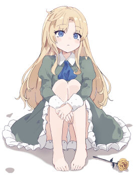  1girl ascot barefoot blonde_hair blue_ascot blue_eyes blush closed_mouth collared_dress commentary_request dress flower frilled_dress frills full_body green_dress highres hugging_own_legs ib_(kouri) juliet_sleeves knees_up long_hair long_sleeves looking_at_viewer mary_(ib) musicccc panties parted_bangs puffy_sleeves rose shadow simple_background sitting solo underwear very_long_hair white_background white_panties yellow_flower yellow_rose 