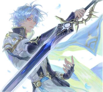  1boy 5564ma arm_up armor belt black_gloves black_shirt blue_cape blue_eyes blue_hair cape closed_mouth coat collared_shirt commentary_request cowboy_shot dutch_angle fingerless_gloves floating_clothes floating_hair gloves gold_trim holding holding_sword holding_weapon honkai:_star_rail honkai_(series) long_sleeves looking_to_the_side male_focus parted_hair pauldrons phainon_(honkai:_star_rail) shirt shoulder_armor side_cape sideways_glance single_glove single_pauldron solo sword two-sided_cape two-sided_fabric weapon white_background white_coat yellow_cape 