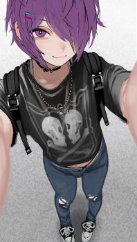  1boy 2n5 :3 blue_hair choker hair_ornament hairclip looking_at_viewer one_eye_covered original pants purple_eyes selfie short_hair simple_background torn_clothes torn_pants trap 