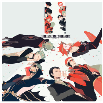  6+boys absurdres archie_(pokemon) ascot beard behind_another beret black_cloak black_coat black_gloves black_hat black_necktie black_pants black_sleeves black_tunic blazer blonde_hair blue_coat cloak closed_eyes coat cyrus_(pokemon) facial_hair facing_to_the_side facing_up fur-trimmed_coat fur_trim ghetsis_(pokemon) giovanni_(pokemon) glass gloves grey_mask grey_pants hands_on_own_stomach hat highres jacket knees_up long_sideburns looking_at_another lying lysandre_(pokemon) male_focus maxie_(pokemon) multiple_boys necktie nintendo on_back on_side on_stomach open_mouth orange_hair pants peeking_out pokemon pokemon_bw2 pokemon_dppt pokemon_oras pokemon_rgby pokemon_xy popped_collar red-framed_eyewear red_ascot red_coat red_hair red_hat red_pants red_tunic shirt sideburns sleeping snoring team_aqua_grunt team_flare_grunt team_galactic_grunt team_magma_grunt team_plasma_grunt team_rocket_grunt tunic uenoike_(194753) white_background white_coat white_shirt 