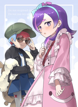  2girls :o adjusting_eyewear black_jacket blue_skirt bow_hairband bright_pupils closed_mouth commentary_request dot_(pokemon) dress hairband hand_up hat jacket long_sleeves morisawa_machi multicolored_hair multiple_girls nintendo open_clothes open_jacket open_mouth pantyhose penny_(pokemon) pink_dress pokemon pokemon_(anime) pokemon_horizons purple_eyes purple_hair round_eyewear shirt short_hair skirt smile strap sunglasses two-tone_hair white_pupils 