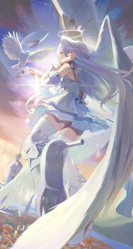 1girl absurdres adjusting_hair aircraft airship bird building closed_mouth commentary detached_sleeves dress english_commentary flying from_behind full_body halo high_heels highres holding holding_letter letter long_hair looking_at_animal original satellite999 shoes solo thighhighs thighs twilight white_dress white_hair white_halo white_shoes white_sleeves white_thighhighs white_wings wings 