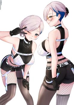  1girl absurdres alternate_hair_length alternate_hairstyle aqua_eyes asymmetrical_legwear black_gloves black_shorts black_sweater blue_hair blush breasts bright_pupils choker clothes_writing commentary commission earrings fishnets glasses gloves hand_in_own_hair highres hololive hololive_english jewelry looking_back midriff multicolored_hair multiple_views necklace official_alternate_costume pavolia_reine pavolia_reine_(streetwear) short_hair shorts simple_background sleeveless sleeveless_sweater sleeveless_turtleneck smile sweater takoroki teeth turtleneck turtleneck_sweater two-tone_hair undercut v very_short_hair virtual_youtuber white_background white_choker white_hair white_pupils 