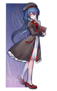  1girl beret blue_hair book closed_mouth coat commentary_request dress frills full_body glasses gradient_background hair_between_eyes hat highres holding holding_book kneehighs long_hair long_sleeves looking_at_viewer low_twintails monocle original red_eyes ribbon round_eyewear shoes smile socks solo twintails white_socks yinber 