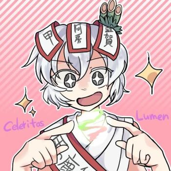  +_+ 1other androgynous bamboo_hair_ornament bare_arms bare_shoulders celeritas_lumen character_name collarbone excited eyes_visible_through_hair gradient_background grey_eyes hair_between_eyes image_sample jandare japanese_clothes kimono len'en lowres magic non-web_source ofuda ofuda_on_head open_mouth other_focus outline pink_background pixiv_sample sash short_hair sleeveless sleeveless_kimono smile solo sparkle sparkling_eyes striped_background upper_body white_hair white_kimono white_outline white_sash 