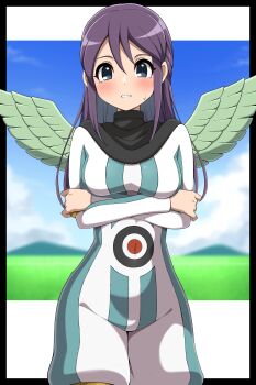  1girl absurdres arms_under_breasts black_capelet blue_eyes blush bodysuit breasts capelet character_request check_character commentary_request covered_navel crossed_arms highres inazuma_eleven inazuma_eleven_(series) kudou_fuyuka long_hair long_sleeves looking_at_viewer medium_breasts parted_lips purple_hair shabana_may solo striped_bodysuit sweatdrop vertical-striped_bodysuit wings 