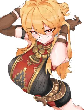  1girl adjusting_hair arms_up belt blonde_hair blush braid breasts brown_belt brown_gloves closed_mouth commentary dutch_angle feet_out_of_frame foreshortening gloves hair_between_eyes hair_bun half-closed_eyes highres hololive hololive_indonesia kaela_kovalskia kaela_kovalskia_(5th_costume) large_breasts leamoeba long_hair looking_at_viewer official_alternate_costume official_alternate_hairstyle perspective plastron_(necklace) red_eyes ribbed_sweater side_braid side_up_bun simple_background single_glove sleeveless sleeveless_sweater smile solo standing sweater tsurime virtual_youtuber white_background 