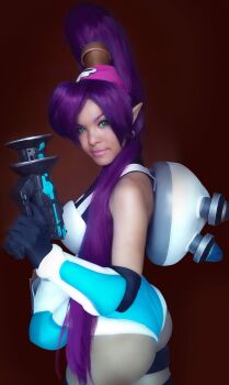  1girl ass backpack bag bare_shoulders breasts cosplay cosplay_photo dark-skinned_female dark_skin earrings elbow_gloves from_side gloves green_eyes gun headband jewelry large_breasts leotard leslie_salas long_hair mighty_switch_force! patricia_wagon patricia_wagon_(cosplay) photo_(medium) pointy_ears purple_hair real_life shantae shantae_(cosplay) shantae_(series) shantae_and_the_pirate&#039;s_curse thong_leotard very_long_hair weapon 