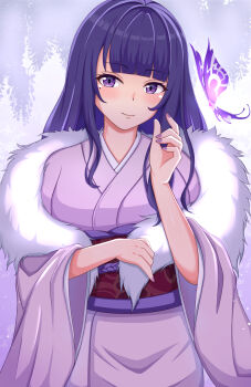  1girl 2022 alternate_costume blunt_bangs blush bug butterfly closed_mouth commentary crystalfly_(genshin_impact) fur_trim genshin_impact glowing_butterfly happy_new_year head_tilt highres insect japanese_clothes kimono light_smile long_hair long_sleeves looking_at_viewer lunarscent mole mole_under_eye new_year purple_background purple_eyes purple_hair purple_kimono raiden_shogun red_sash sash shy solo standing upper_body wide_sleeves 