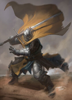  1other armor belt boots brown_belt brown_boots cape chainmail commentary cuisses dated dust_cloud dynamic_pose english_commentary fighting_stance frost_llamzon full_body gauntlets helmet highres holding holding_sword holding_weapon knight legs_apart motion_blur original other_focus poleyn sand signature standing sword tabard visor_(armor) weapon yellow_cape zweihander 