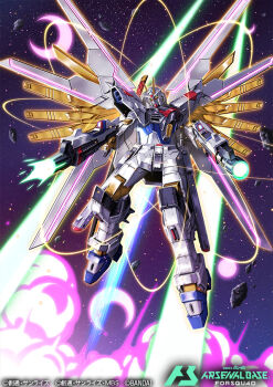  amasaki_yusuke beam_rifle card_(medium) copyright_logo copyright_name copyright_notice energy_gun glowing glowing_eyes gundam gundam_arsenal_base gundam_seed gundam_seed_freedom logo mecha mecha_focus mechanical_wings mighty_strike_freedom_gundam mobile_suit no_humans official_art robot sword v-fin weapon wings 