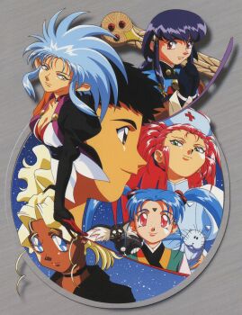  1990s_(style) 1boy 5girls animal animal_on_shoulder aqua_eyes black_choker black_eyes black_hair blonde_hair blue_eyes breasts cabbit choker cleavage earrings facial_mark forehead_mark gloves green_eyes hair_bobbles hair_ornament hakubi_washuu hat high_ponytail highres jewelry juliet_sleeves kuramitsu_mihoshi long_hair long_sleeves looking_at_viewer masaki_aeka_jurai masaki_sasami_jurai masaki_tenchi medium_breasts multiple_girls no_pupils non-web_source nurse_cap official_art pink_eyes pink_hair pointy_ears ponytail profile puffy_sleeves purple_hair red_eyes red_gloves retro_artstyle ryou-ouki ryouko_(tenchi_muyou!) scan slit_pupils smile spiked_hair stud_earrings tenchi_muyou! twintails yellow_eyes  rating:General score:2 user:danbooru