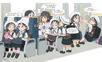  6+girls arrow_(symbol) backpack bag bag_charm black_eyes black_hair blue_bow blue_shoes blue_skirt bottle bow braid brown_bag charm_(object) child closed_eyes closed_mouth collared_shirt commentary_request crime_prevention_buzzer film_grain gomennasai hat hat_bow highres holding holding_bottle loafers long_hair low_twintails medium_hair multiple_girls open_mouth original pleated_skirt randoseru school_hat school_uniform shirt shoes short_sleeves sitting skirt smile socks speech_bubble standing suspender_skirt suspenders train_interior translation_request twin_braids twintails white_hat white_shirt white_socks  rating:General score:1 user:danbooru
