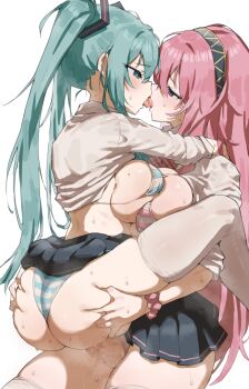  2girls ass bikini blue_eyes blue_hair breasts clothes_lift commentary_request deep_skin french_kiss futa_with_female futanari hatsune_miku highres kiss large_breasts m_k megurine_luka multiple_girls pink_hair sex shirt_lift simple_background striped_bikini striped_clothes swimsuit tongue tongue_out twintails vocaloid white_background 