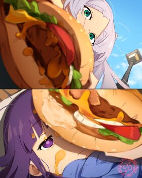  2koma ahoge blue_sky bread_bun burger comic day disgust english_text faceless fern_(sousou_no_frieren) food frieren frieren_lap_pillow_(meme) grease green_eyes grey_hair khyle. lap_pillow lettuce looking_down looking_up meme purple_eyes purple_hair scarf sky sousou_no_frieren tomato white_hair 