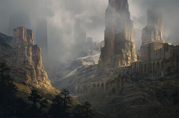  castle cloud cloudy_sky commentary english_commentary flock fog grass highres hill landscape medieval mountain mountainous_horizon no_humans original outdoors painterly raphael-lacoste rock scenery signature sky tower tree 