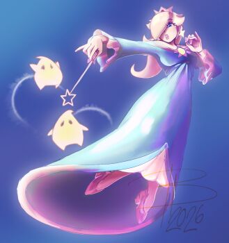  1girl 2026 bbislostt blonde_hair blue_background blue_dress blue_eyes breasts brooch commentary crown dress earrings english_commentary eyelashes floating full_body hair_over_one_eye high_heels highres holding holding_wand jewelry long_hair long_sleeves looking_at_viewer luma_(mario) mario_(series) nintendo off-shoulder_dress off_shoulder purple_nails rosalina solo star_(symbol) star_brooch star_earrings super_mario_galaxy wand 