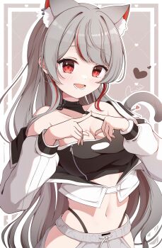  1girl :d absurdres animal_ear_fluff animal_ears black_panties black_shirt breasts cat_ears cat_girl cat_tail cleavage commentary_request cowboy_shot crop_top cropped_shirt grey_background grey_hair grey_pants grid_background gyeou_lee hands_up heart highleg highleg_panties highres index_fingers_together jacket korean_commentary large_breasts long_hair long_sleeves looking_at_viewer monochrome multicolored_hair navel neneko_mashiro off_shoulder open_clothes open_jacket open_mouth outline panties pants panty_straps parted_bangs red_eyes shirt signature smile solo stellive stomach streaked_hair tail underwear variant_set virtual_youtuber white_jacket white_outline 