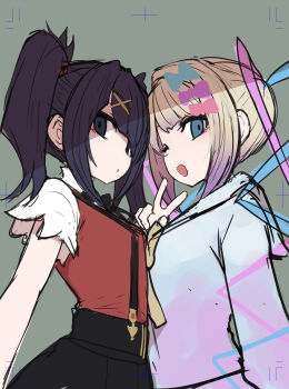  2girls ame-chan_(needy_girl_overdose) black_hair black_skirt blonde_hair blue_eyes bow chouzetsusaikawa_tenshi-chan closed_mouth cowboy_shot dual_persona expressionless face-to-face from_side green_background grey_shirt hair_bow hand_up highres long_hair long_sleeves looking_at_viewer looking_to_the_side medium_hair multicolored_hair multiple_girls multiple_hair_bows needy_girl_overdose one_eye_closed open_mouth quad_tails red_shirt school_uniform serafuku shirt short_sleeves simple_background skirt smile sumiyao_(amam) suspender_skirt suspenders twintails unfinished v 