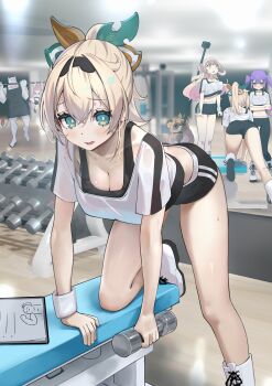  35p_(sakura_miko) 4girls aqua_eyes blonde_hair breasts camera chibi cleavage clipboard crop_top dumbbell green_eyes harada_isuka highres hololive hololive_dance_practice_uniform kazama_iroha long_hair medium_breasts midriff mirror momosuzu_nene multiple_girls navel pants pokobee ponytail pullups purple_hair red_hair reflection sakura_miko selfie_stick shorts sports_bra sweat tanuki tokoyami_towa twintails virtual_youtuber wristband yoga_pants  rating:Sensitive score:28 user:danbooru