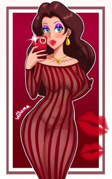  1girl areola_slip blue_eyes blush bodysuit breasts brown_hair dress earrings heart jewelry large_breasts lips lipstick_mark long_hair mario_(series) mirror_selfie necklace nintendo pauline_(mario) see-through_clothes selfie tight_clothes wide_hips wiluma  rating:Explicit score:3 user:Hatrade