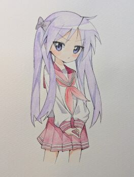  1girl blush commentary_request cowboy_shot cropped_legs hiiragi_kagami long_hair long_sleeves looking_at_viewer lucky_star neckerchief painting_(medium) paper pen_(medium) photo_(medium) pink_neckerchief pleated_skirt purple_eyes purple_hair red_sailor_collar red_skirt ryouou_school_uniform sailor_collar school_uniform serafuku shirt sidelocks skirt solo standing sugidoritos traditional_media twintails very_long_hair watercolor_(medium) white_background white_shirt 