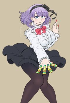  1girl artist_name black_flower black_hairband black_rose blue_eyes bow bowtie breasts brown_background brown_pantyhose center_frills commentary dagashi_kashi english_commentary flower food frilled_shirt_collar frills hairband high-waist_skirt highres holding holding_food large_breasts medium_hair outstretched_arm pantyhose purple_hair red_bow red_bowtie red_nails ringed_eyes rose shidare_hotaru shirt simple_background skirt solo suspender_skirt suspenders teeth white_shirt yui_(jisatsu) 