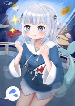  1girl absurdres aka_tadaima aquarium blue_eyes blue_jacket butterflyfish closed_mouth commentary_request cowboy_shot drawstring drooling fang fins fish fish_tail gawr_gura grey_hair highres hololive hololive_english jacket koi mouth_drool puffer_fish shark_tail sparkle speech_bubble spoken_sweatdrop sweatdrop tail two_side_up virtual_youtuber 