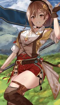  1girl absurdres atelier_(series) atelier_ryza atelier_ryza_3 beret bracelet braid breast_pocket breasts brown_eyes brown_gloves brown_hair brown_vest choker cleavage clover_hair_ornament crown_braid earrings floating_earrings gloves hair_ornament hat highres jewelry large_breasts leather leather_belt leather_gloves multiple_bracelets multiple_necklaces necklace pocket rakakak4 red_shorts reisalin_stout short_hair short_shorts shorts single_glove smile solo star_(symbol) star_choker star_earrings star_necklace thighs vest white_hat x_hair_ornament 