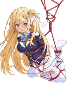  1girl absurdres arms_behind_back azur_lane bdsm blazer blonde_hair blush bondage bound bound_ankles bound_arms bound_breasts bound_calves bound_legs bound_thighs bound_torso bound_wrists box_tie breast_bondage breasts commentary_request commission crotch_rope crying crying_with_eyes_open egg_vibrator feet female_focus female_orgasm forbin_(azur_lane) forbin_(ecole_de_chevalier)_(azur_lane) green_eyes hair_bun highres hogtie jacket large_breasts long_hair looking_at_viewer miniskirt no_shoes official_alternate_costume open_mouth orgasm pixiv_commission red_rope remote_control_vibrator restrained rope school_uniform shibari shibari_over_clothes skindentation skirt soles solo suspension tears thighhighs variant_set very_long_hair vibrator vibrator_in_thighhighs vibrator_under_clothes white_skirt white_thighhighs yuhui_ranjin zettai_ryouiki  rating:Questionable score:14 user:danbooru