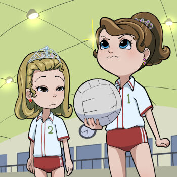  2girls angry attack_no_1 ayuhara_kozue ayuhara_kozue_(cosplay) ball blonde_hair blue_eyes blush brown_eyes brown_hair buruma clock cosplay crossover disney earrings gym gym_uniform hayakawa_midori hayakawa_midori_(cosplay) holding jewelry long_hair multiple_girls oira_wa_arumajiro parody ponytail princess princess_amber red_buruma shirt short_sleeves siblings sisters sofia_(disney) sofia_the_first sportswear standing tiara volleyball volleyball_(object) volleyball_uniform white_shirt window 