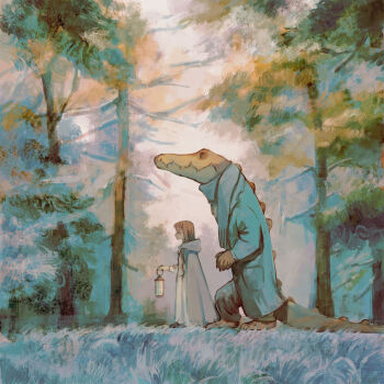  1girl blue_scarf cloak coat crocodile crocodilian day forest furry grass highres hood hood_down lantern nature original outdoors profile scarf tono_(rt0no) tree 