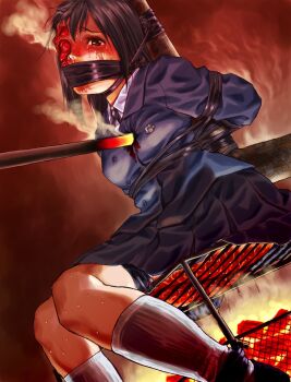  black_hair bleeding blood burning cooking crying crying_with_eyes_open death dying guro pizza_man restrained school_uniform socks tearing_up tears what  rating:Explicit score:29 user:The_American_Psycho